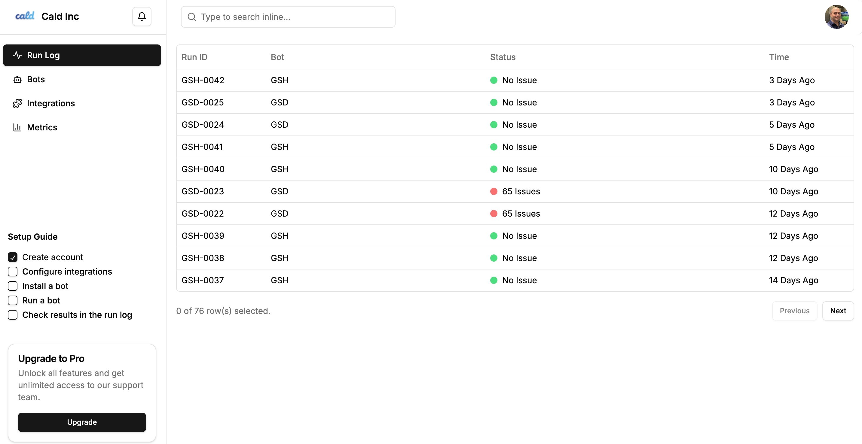 Bot execution run log and reports